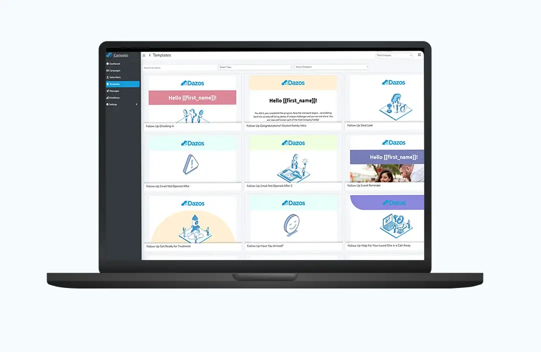 Dazos iCampaign feature grid icons for behavioral health marketing automation